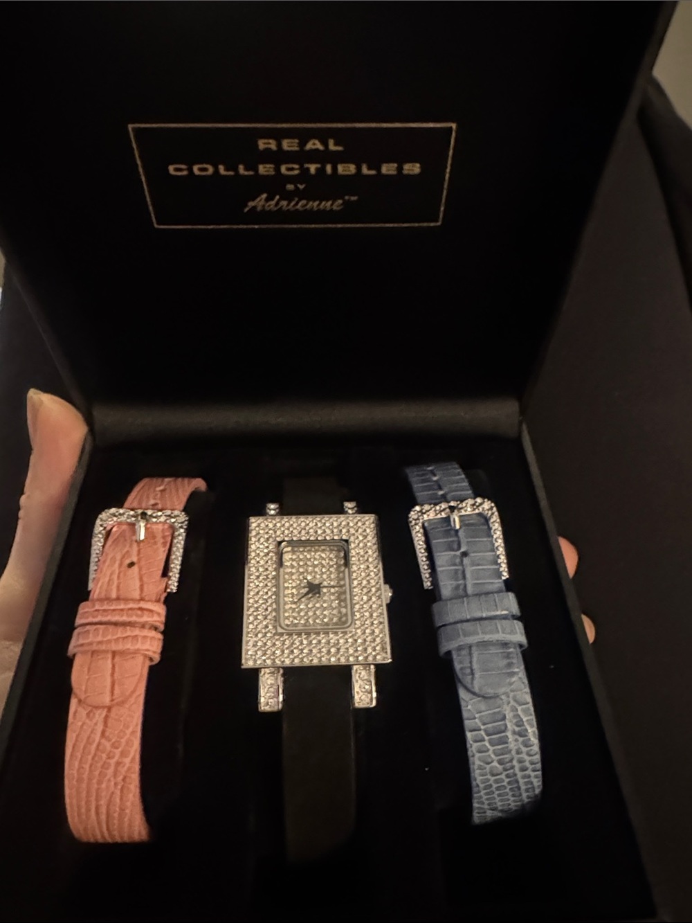Adrienne Women's Crystal Square Watch with Pink and Blue Straps in box